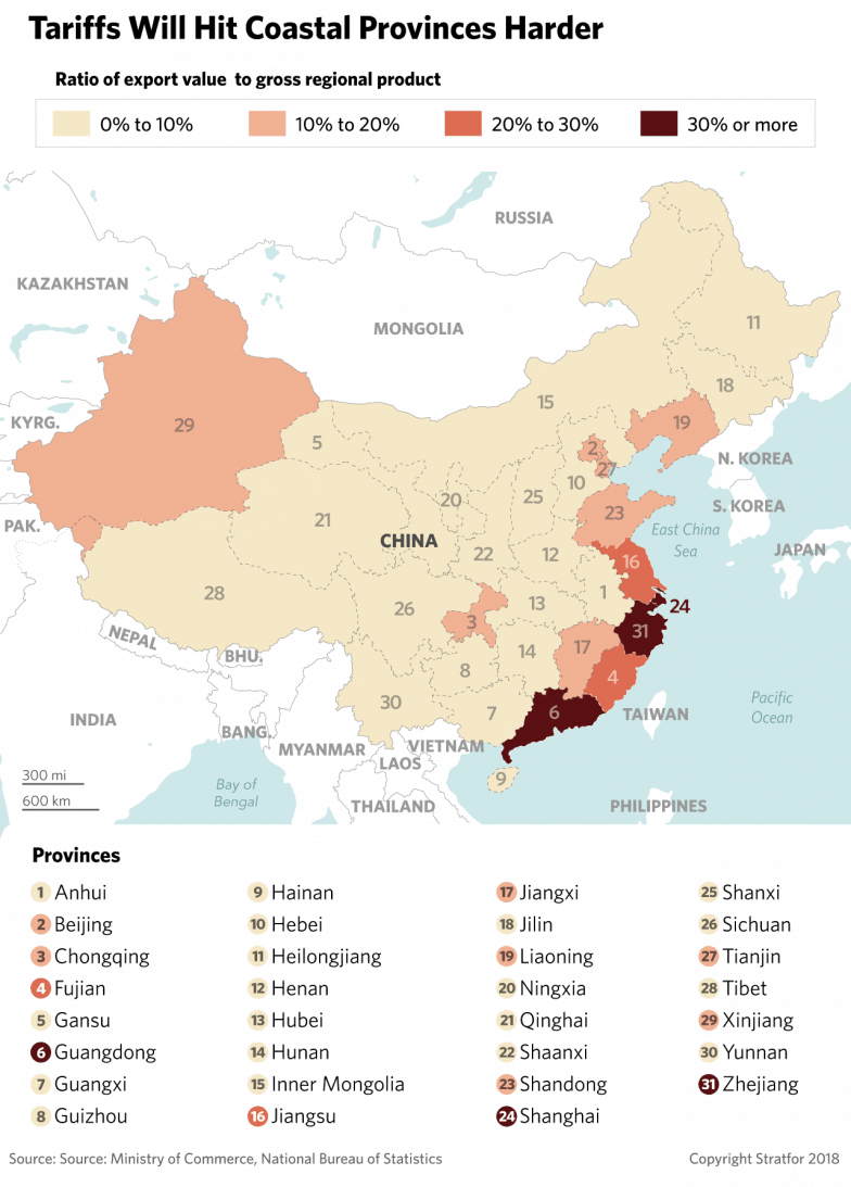 A graphic showing China's exports as a percentage of GDP and how they'll be affected by U.S. tariffs.