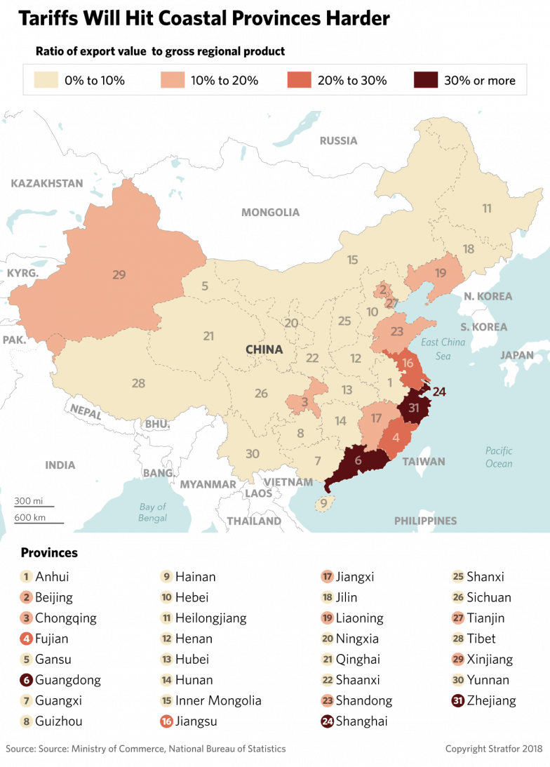 A graphic showing China's exports as a percentage of GDP and how they'll be affected by U.S. tariffs. 