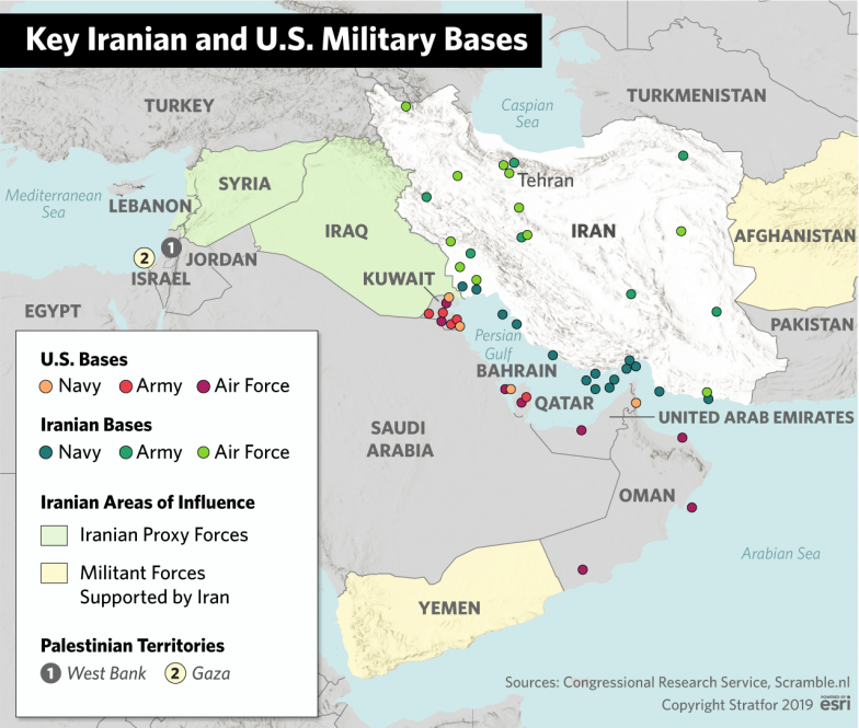 A map showing U.S., Iranian and affiliated powers in the Middle East