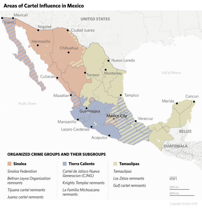 This map shows areas of cartel influence throughout Mexico.